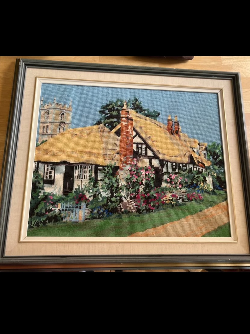 Vintage Needle Point Country Lane Portrait -Professionally framed